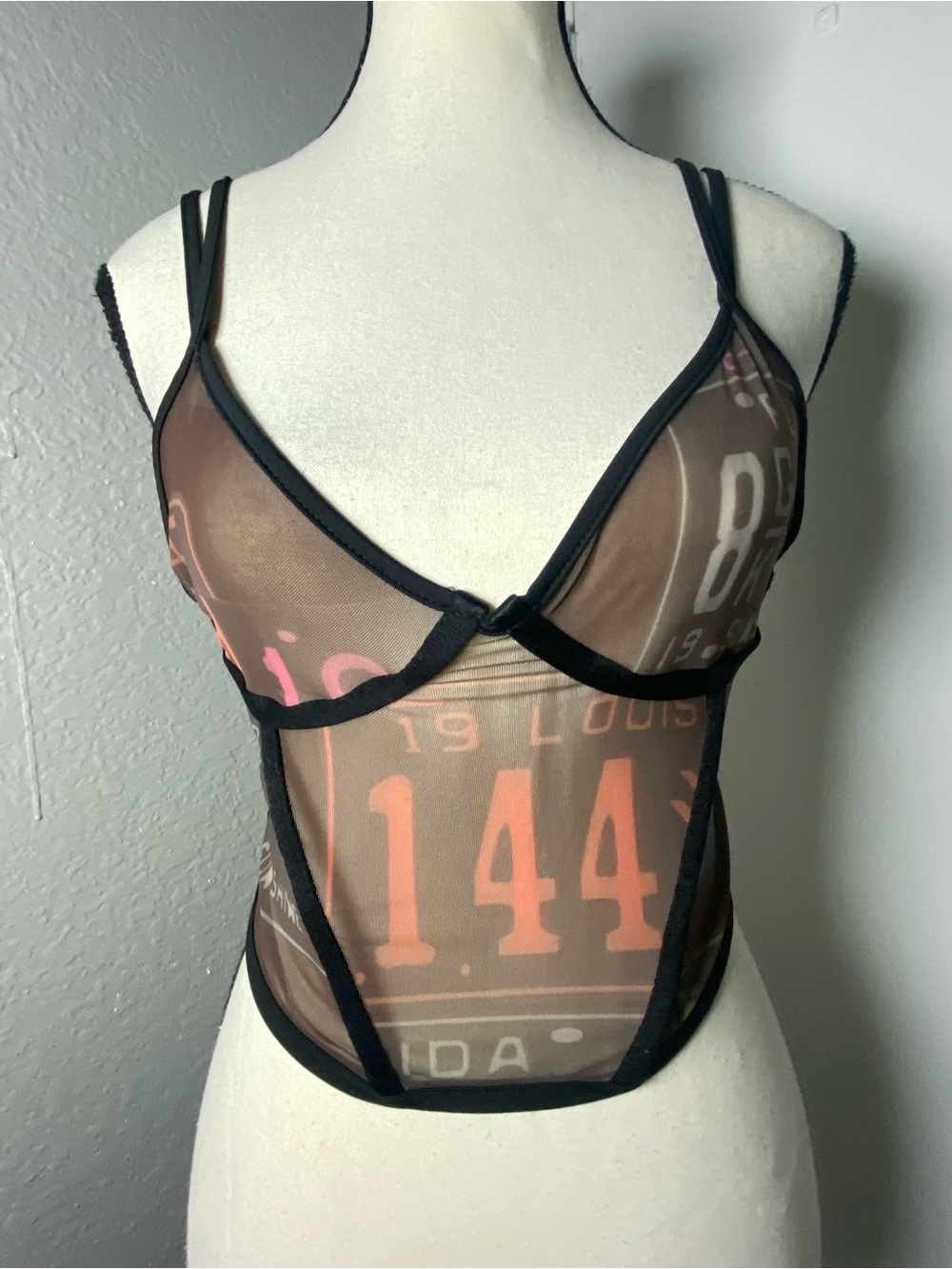 Y2K EURO Black Sheer Mesh Multicolor Text Graphic Bustier Top Size Large